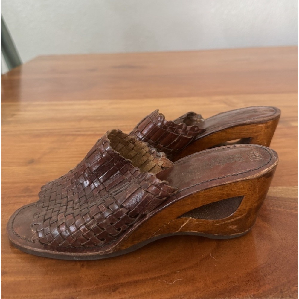 Vtg 70s Y2K Wood Leather Woven Clog Mule Slide Sandal Cutout Heel Hippie Boho 8 - Picture 5 of 8